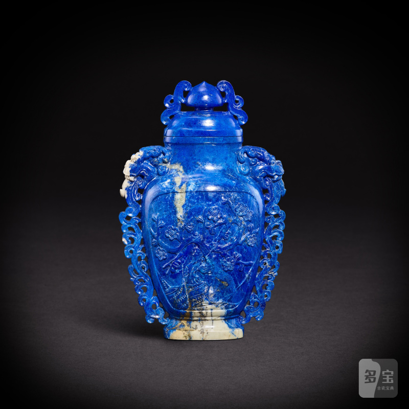 A lapis lazuli 'prunus and pine' vase and cover, Qing dynasty, 19th century | 清十九世紀 青金石松梅圖蓋瓶